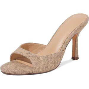 Women's Khaki Woven Heels Slip On Kitten Heels Mule Slides Open toe Espadrille